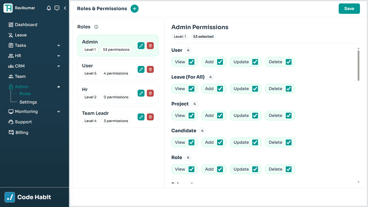 TrackHabit admin role and permissions management screen