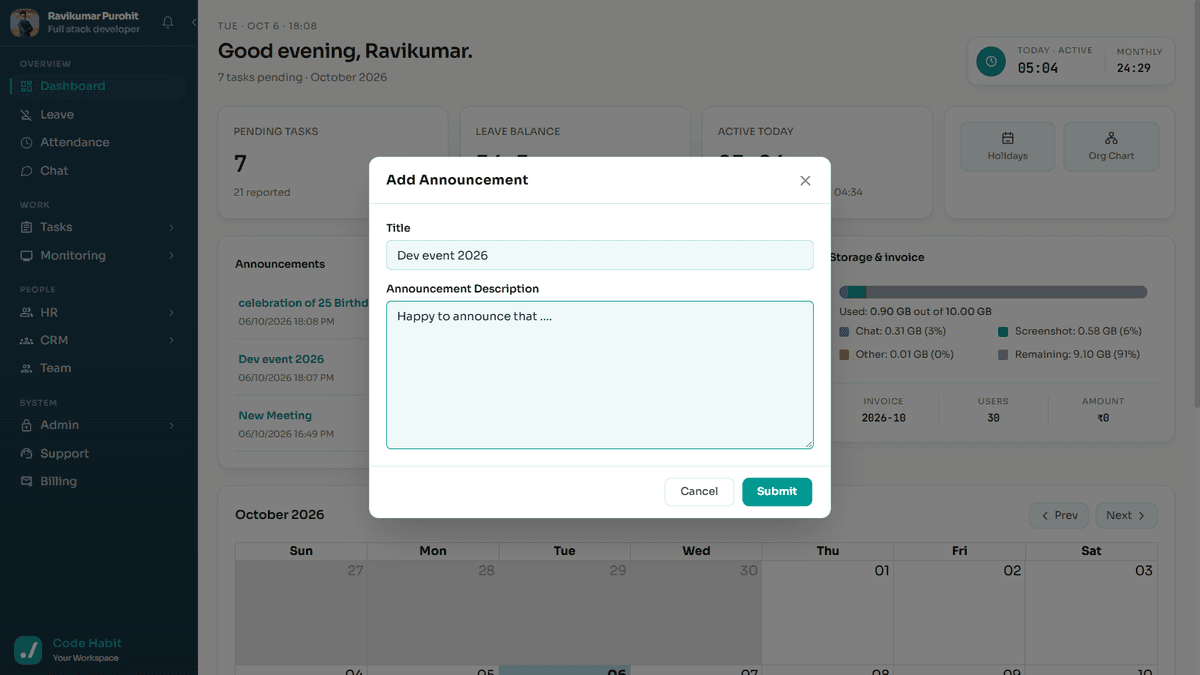 TrackHabit create new announcement form and broadcast details
