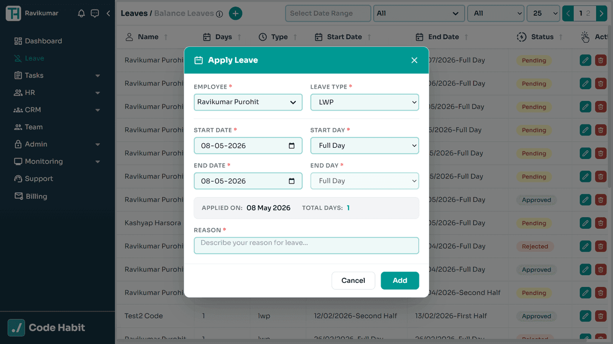 TrackHabit apply leave form