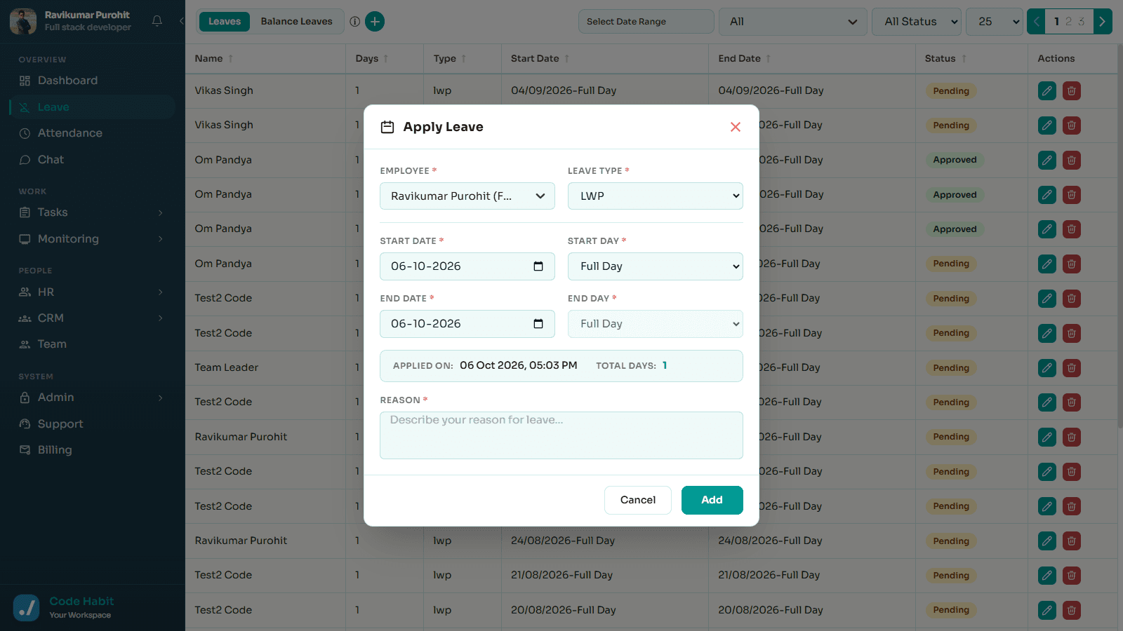 Apply leave request dashboard