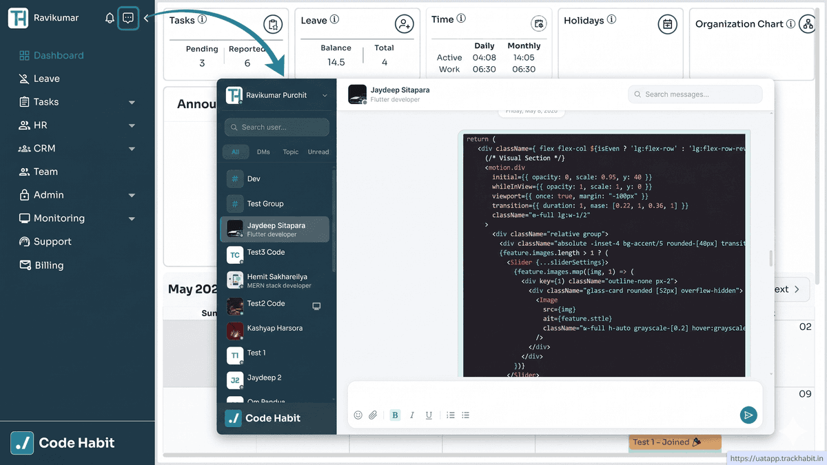 TrackHabit team chat with file sharing
