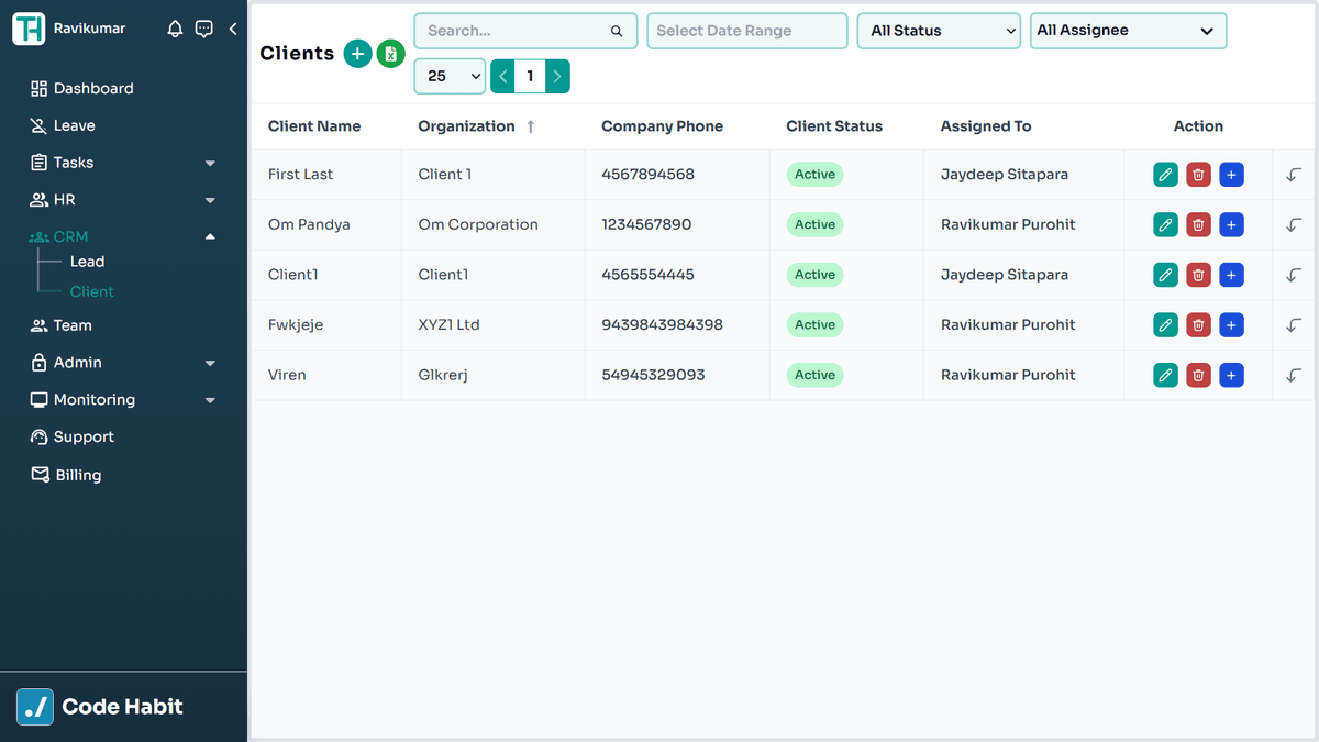 TrackHabit CRM client management screen