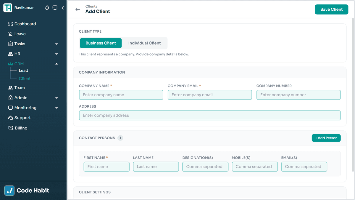 TrackHabit add new client form