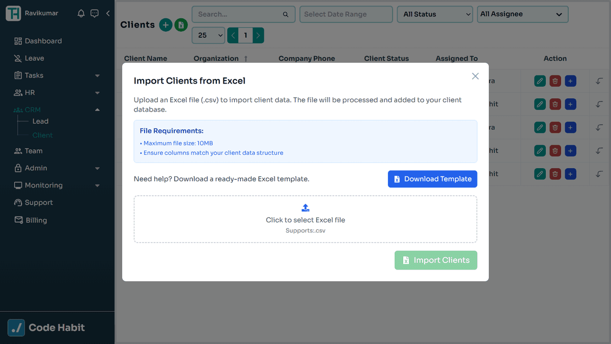 TrackHabit import leads and clients from Excel