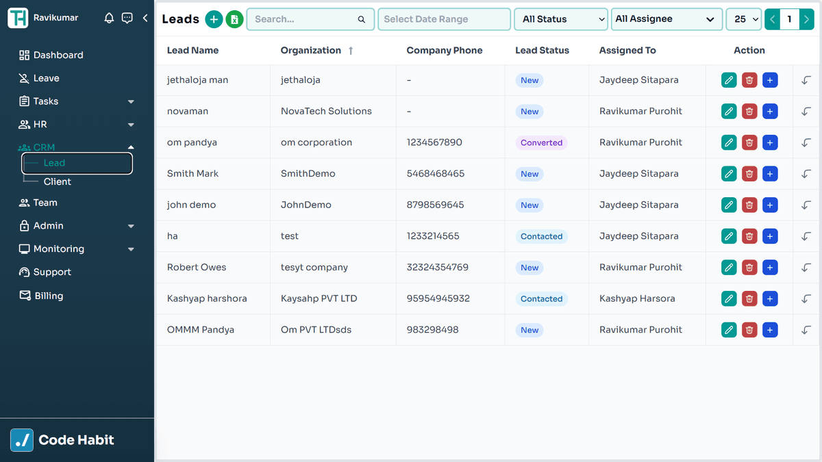 TrackHabit CRM lead list and pipeline view