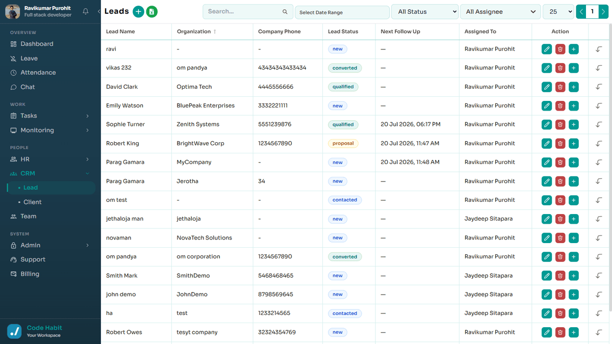 TrackHabit CRM lead list and pipeline view