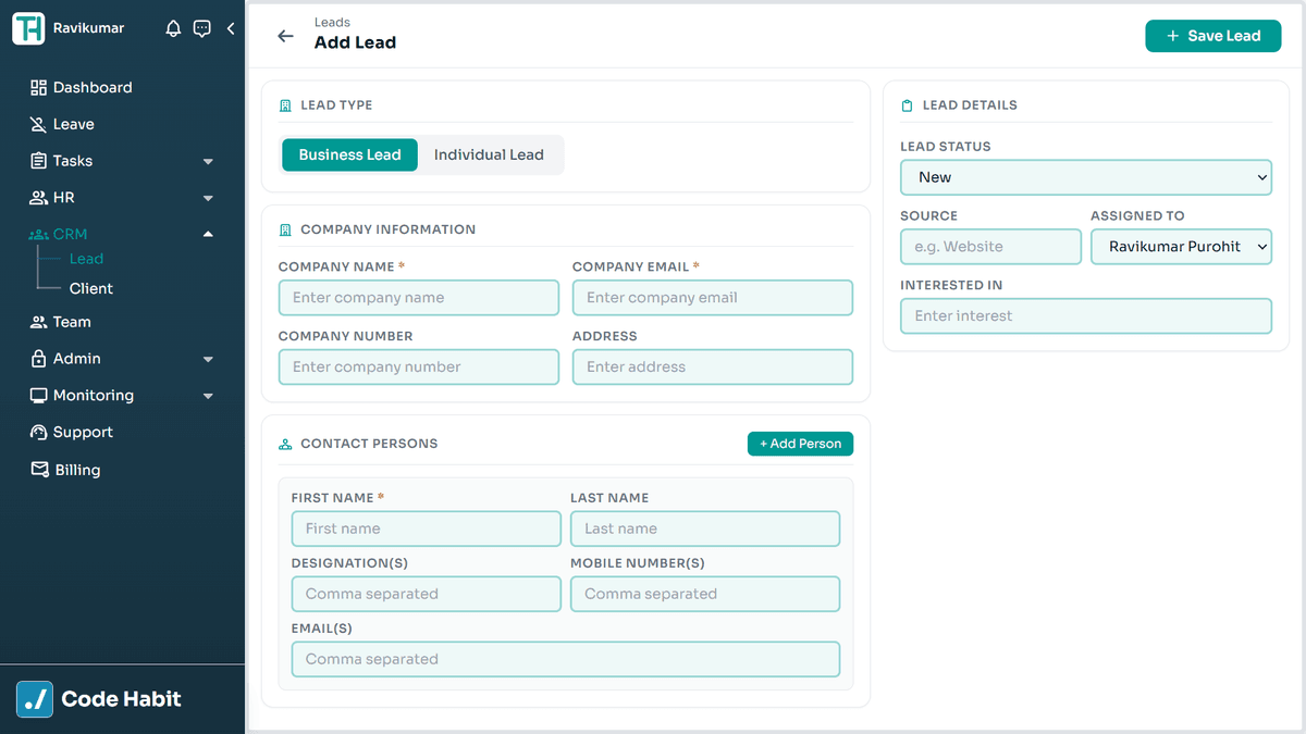 TrackHabit add new lead form