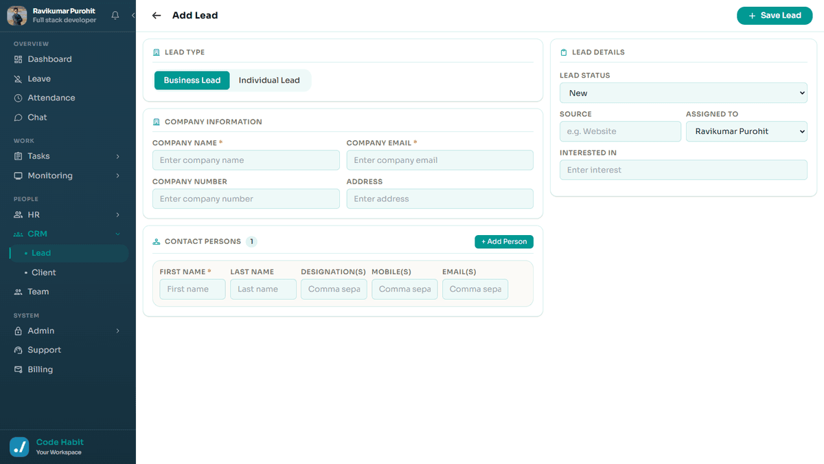 TrackHabit add new lead form
