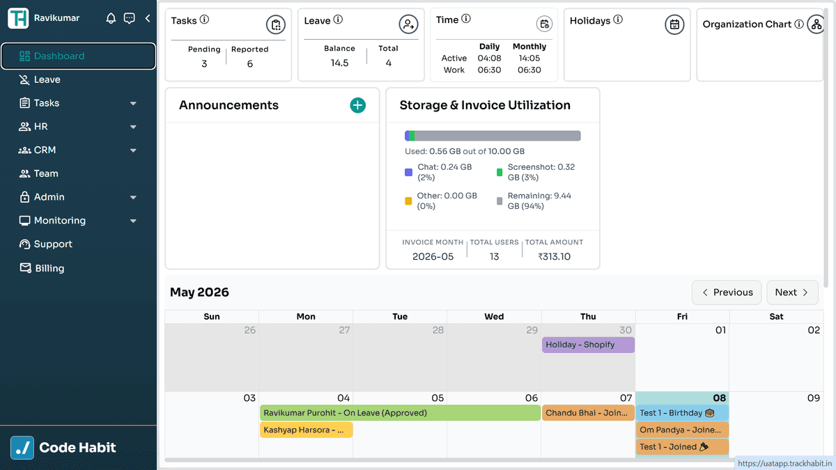 TrackHabit dashboard overview with tasks and leave summary