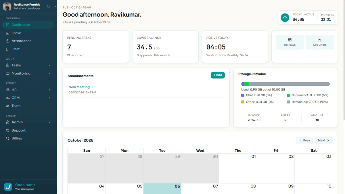 TrackHabit dashboard overview with tasks and leave summary