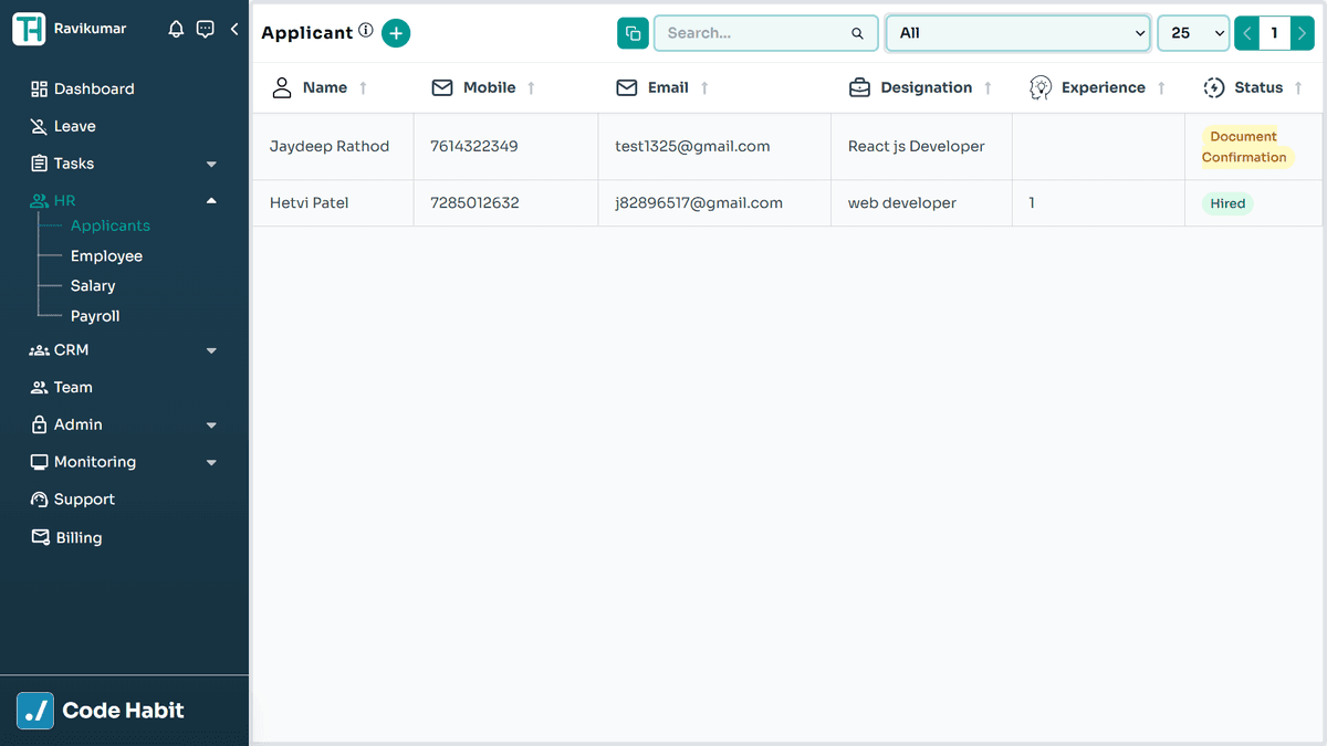 TrackHabit HR applicant management screen