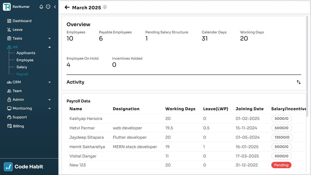 TrackHabit payroll processing screen
