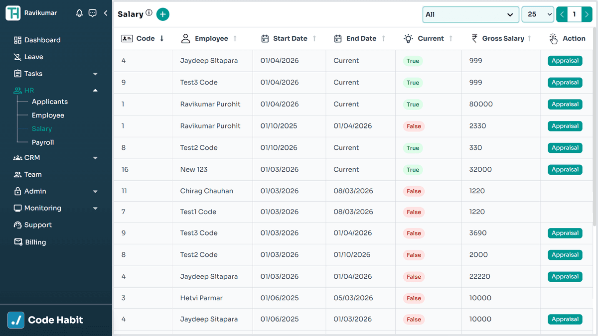 TrackHabit salary management screen