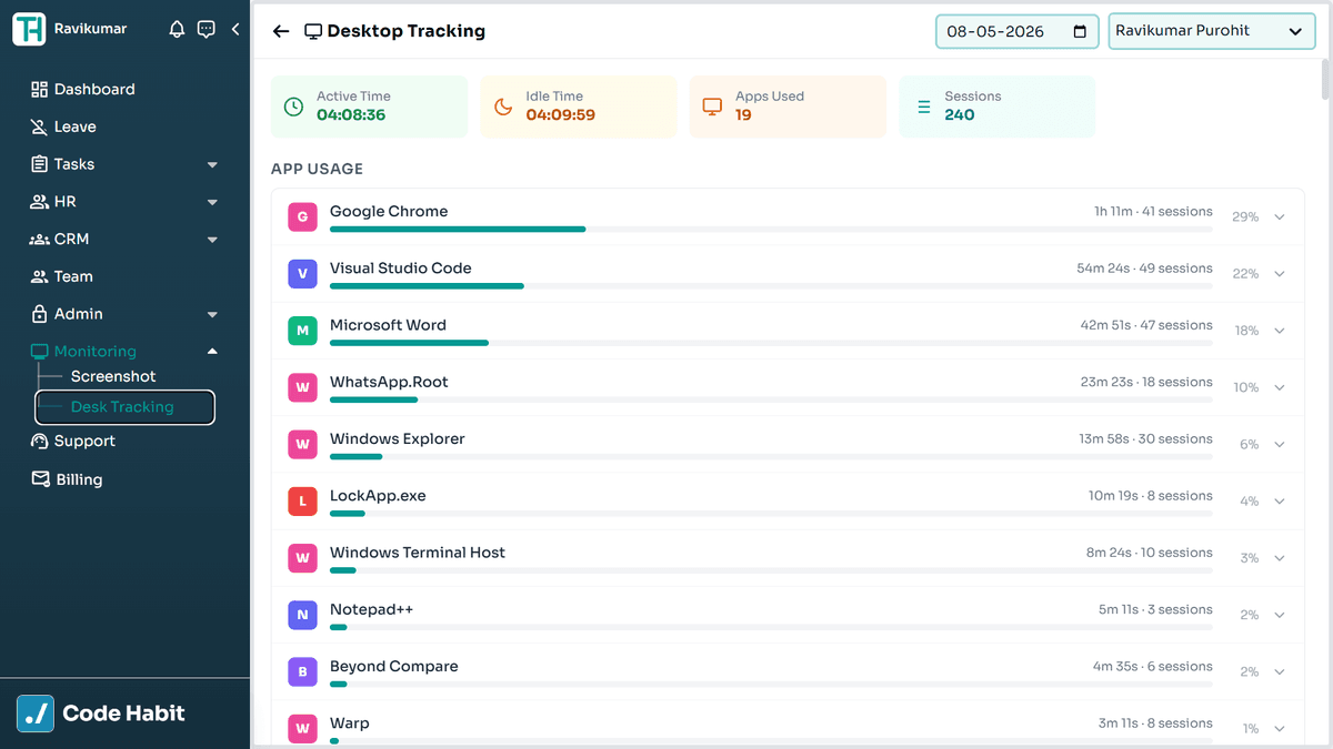 TrackHabit desktop user activity and time tracking screen