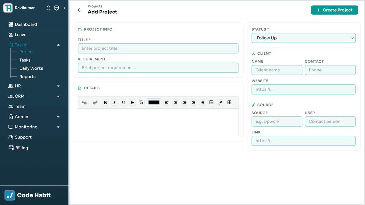 TrackHabit add new project form