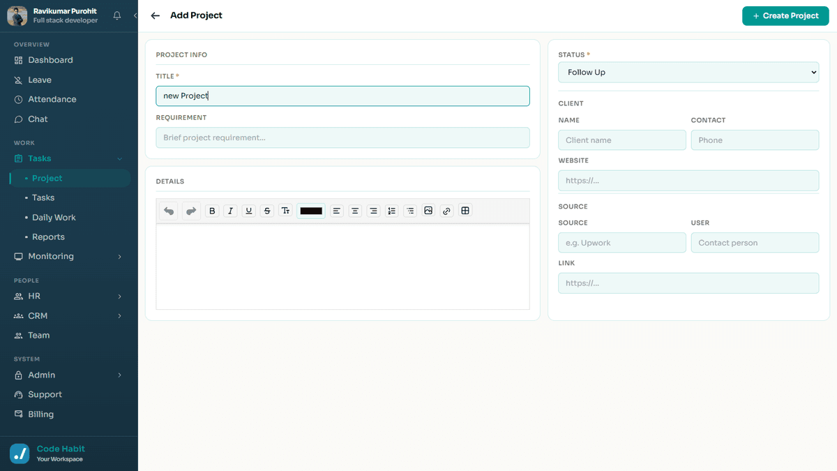 TrackHabit add new project form