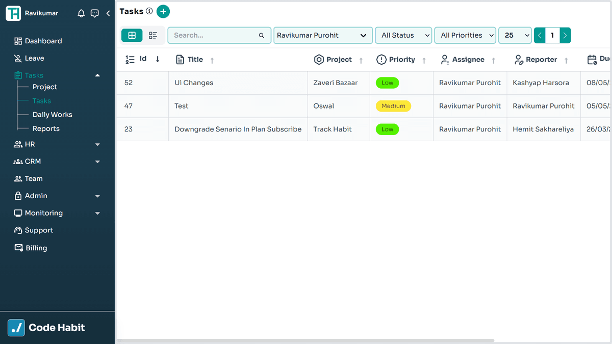 TrackHabit task list with status and priority
