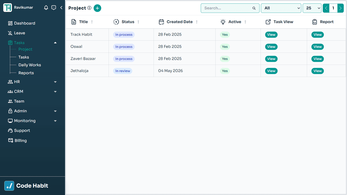 TrackHabit project list view