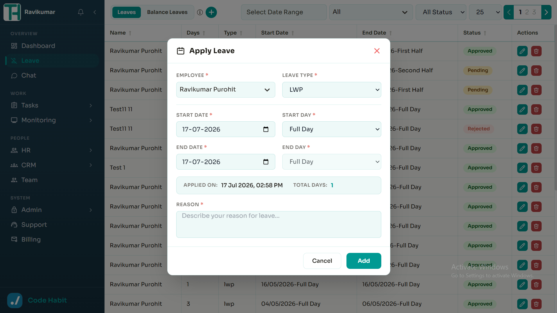 Apply leave request dashboard